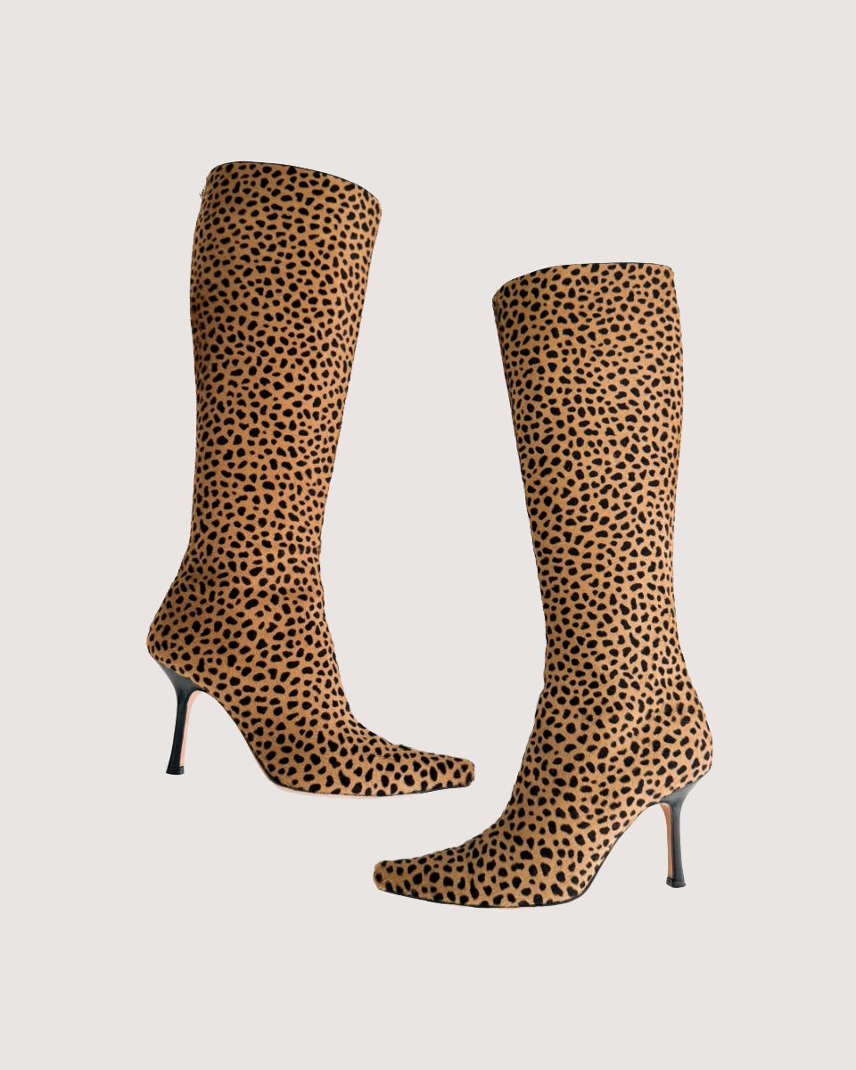 Jimmy Choo Spotted Animal Print Pony Hair Knee High Boot Heels (US